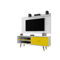 Manhattan Comfort 221-201AMC64 Liberty 62.99 Mid-Century Modern TV Stand and Panel with Solid Wood Legs in White and Yellow